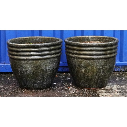 2223 - Pair of garden stoneware green glazed planters, each 33cm high x 37cm in diameter