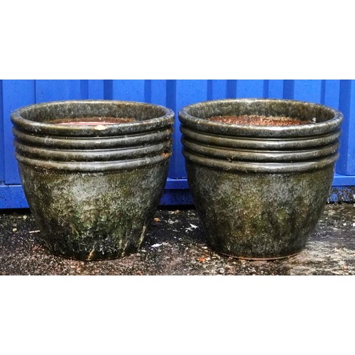 2223 - Pair of garden stoneware green glazed planters, each 33cm high x 37cm in diameter