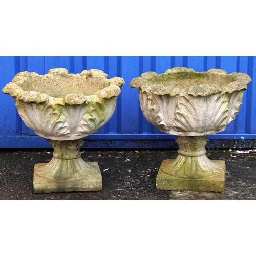 2225 - Pair of garden stoneware acanthus leaf design planters, each 43cm high x 48cm in diameter