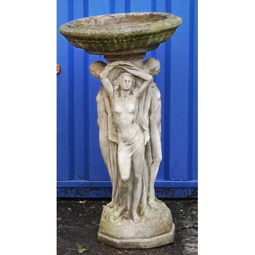 2227 - Garden stoneware Three Graces design birdbath, 74cm high