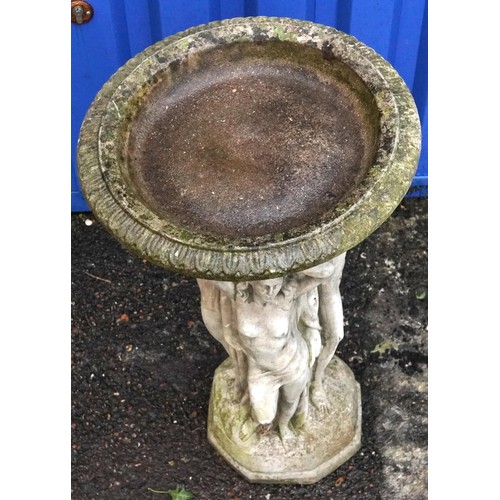 2227 - Garden stoneware Three Graces design birdbath, 74cm high