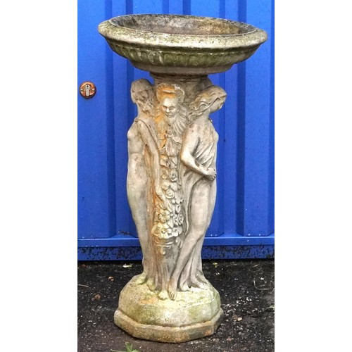 2227 - Garden stoneware Three Graces design birdbath, 74cm high