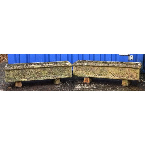 2220 - Pair of rectangular garden stoneware planters decorated with stylised flower heads, each 25cm H x 78... 