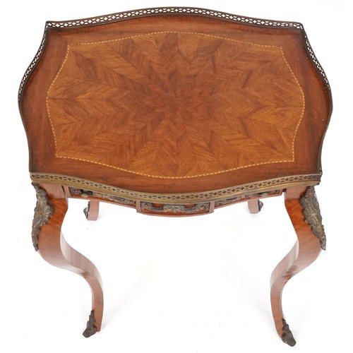 2004 - French Louis XV style inlaid kingwood side table with frieze drawer and brass mounts on cabriole leg... 