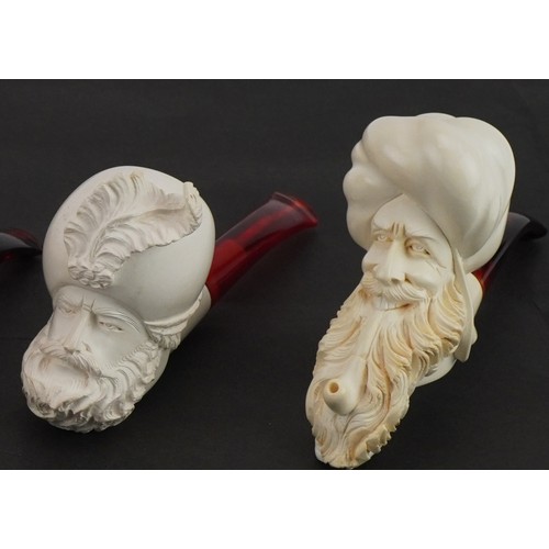 1254 - Four block Meerschaum tobacco smoking pipes, three with fitted cases, each with cherry amber coloure... 