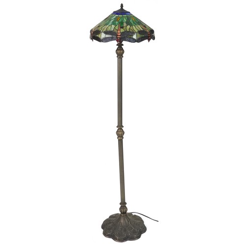 2159 - Tiffany style bronzed standard lamp with leaded dragonfly design shade, 156cm high