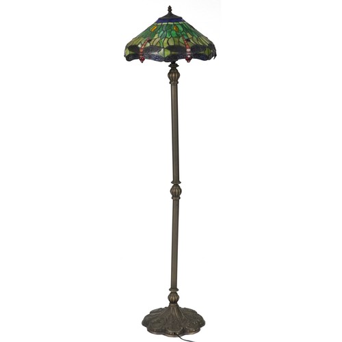 2159 - Tiffany style bronzed standard lamp with leaded dragonfly design shade, 156cm high