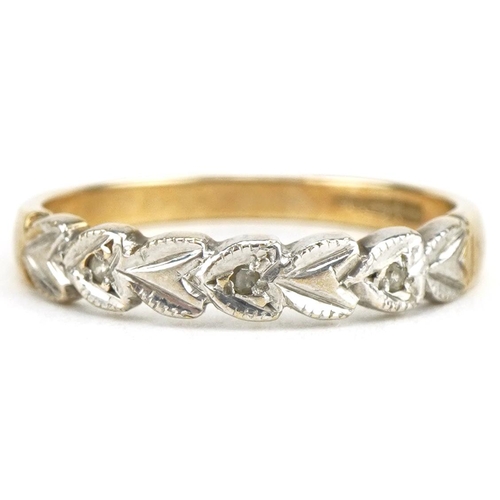 3421 - 9ct two tone gold diamond love heart half eternity ring, size M, 1.8g