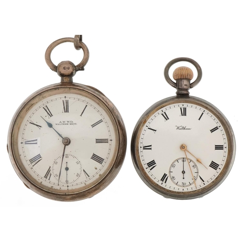 3439 - Waltham, two gentlemen's silver open face pocket watches with enamelled dials, one with silver watch... 