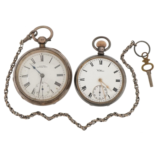 3439 - Waltham, two gentlemen's silver open face pocket watches with enamelled dials, one with silver watch... 