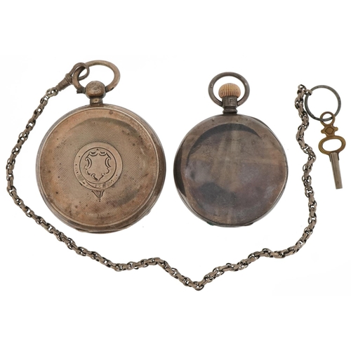 3439 - Waltham, two gentlemen's silver open face pocket watches with enamelled dials, one with silver watch... 