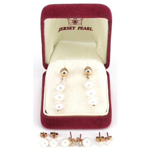 3716 - Four pairs of 9ct gold cultured pearl earrings including Jersey pearls with box, the largest 2.8cm h... 