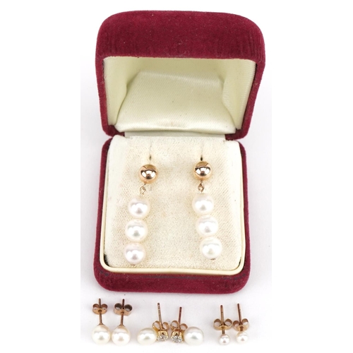 3716 - Four pairs of 9ct gold cultured pearl earrings including Jersey pearls with box, the largest 2.8cm h... 