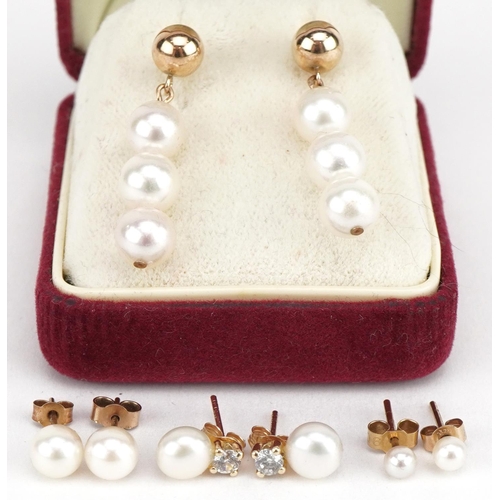 3716 - Four pairs of 9ct gold cultured pearl earrings including Jersey pearls with box, the largest 2.8cm h... 