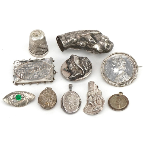 3329 - Antique and later silver jewellery including an Indian one rupee swivelling brooch, Charles Horner g... 