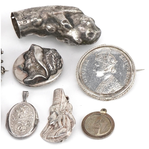 3329 - Antique and later silver jewellery including an Indian one rupee swivelling brooch, Charles Horner g... 