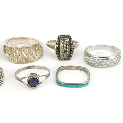 3396 - Ten silver rings, some Modernist, including marcasite and blue enamel, various sizes, 41.4g