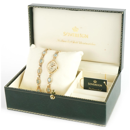 3115 - Sovereign, ladies 9ct gold sapphire wristwatch and matching bracelet with tooled leather box, the br... 