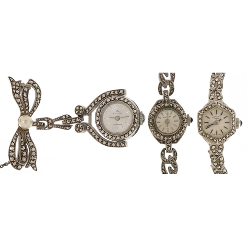 3525 - Three ladies silver marcasite watches comprising two Rotary wristwatches and a Bucherer fob watch, t... 