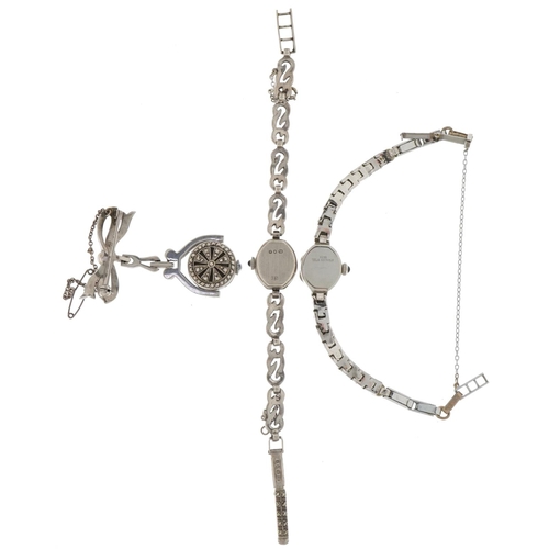 3525 - Three ladies silver marcasite watches comprising two Rotary wristwatches and a Bucherer fob watch, t... 