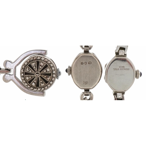 3525 - Three ladies silver marcasite watches comprising two Rotary wristwatches and a Bucherer fob watch, t... 