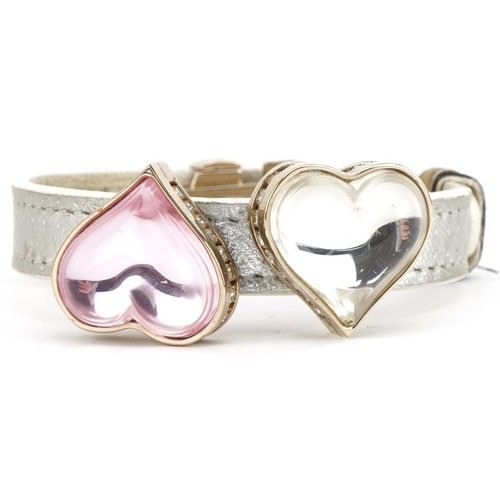 3163 - Lalique, French pink and clear crystal double love heart bracelet with gold plated mounts on a leath... 