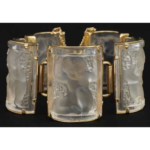 3155 - Lalique, French frosted crystal and gold plated Nysa panel bracelet with box, approximately 16cm in ... 