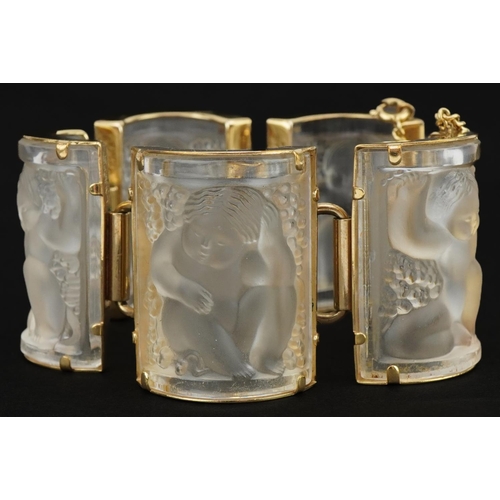 3155 - Lalique, French frosted crystal and gold plated Nysa panel bracelet with box, approximately 16cm in ... 