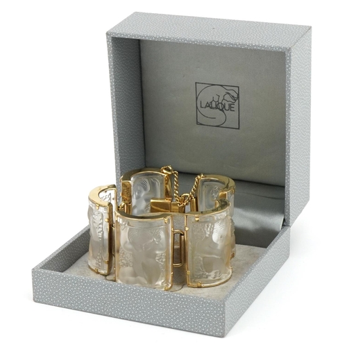 3155 - Lalique, French frosted crystal and gold plated Nysa panel bracelet with box, approximately 16cm in ... 