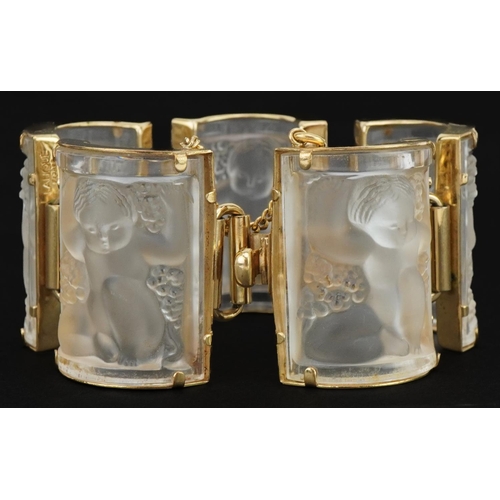 3155 - Lalique, French frosted crystal and gold plated Nysa panel bracelet with box, approximately 16cm in ... 