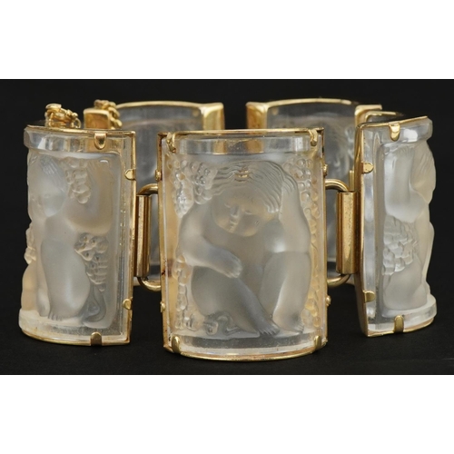 3155 - Lalique, French frosted crystal and gold plated Nysa panel bracelet with box, approximately 16cm in ... 