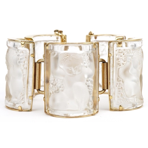 3155 - Lalique, French frosted crystal and gold plated Nysa panel bracelet with box, approximately 16cm in ... 