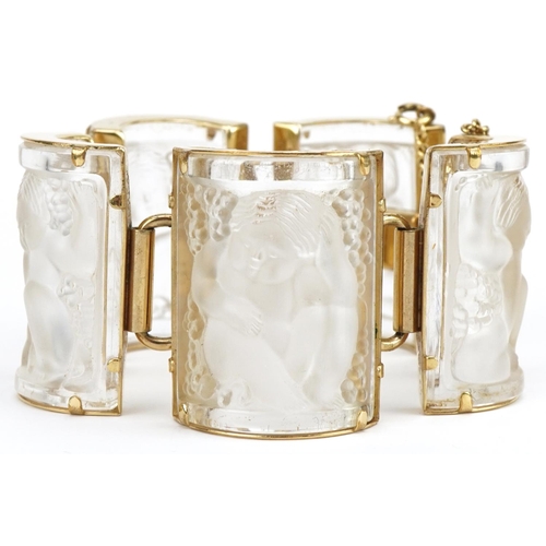 3155 - Lalique, French frosted crystal and gold plated Nysa panel bracelet with box, approximately 16cm in ... 