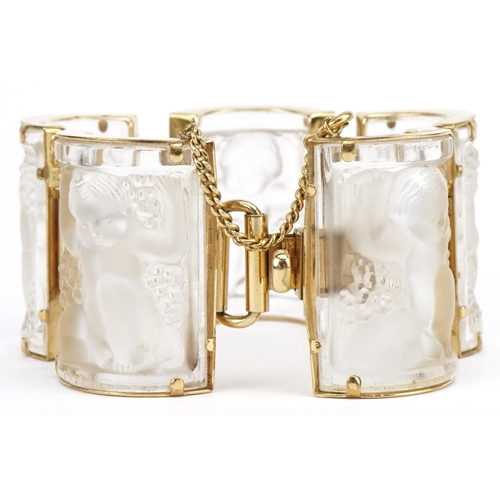 3155 - Lalique, French frosted crystal and gold plated Nysa panel bracelet with box, approximately 16cm in ... 