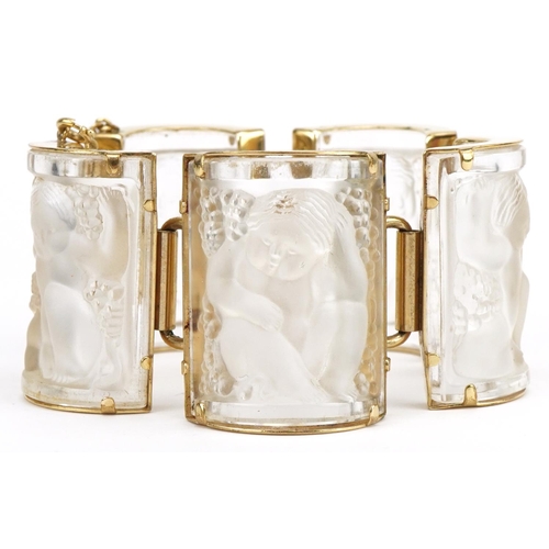 3155 - Lalique, French frosted crystal and gold plated Nysa panel bracelet with box, approximately 16cm in ... 