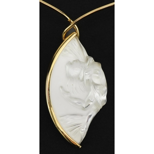 3158 - Lalique, French frosted crystal and gold plated collier acrobat necklace with box, approximately 32c... 