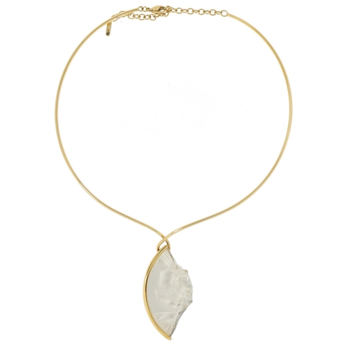 3158 - Lalique, French frosted crystal and gold plated collier acrobat necklace with box, approximately 32c... 