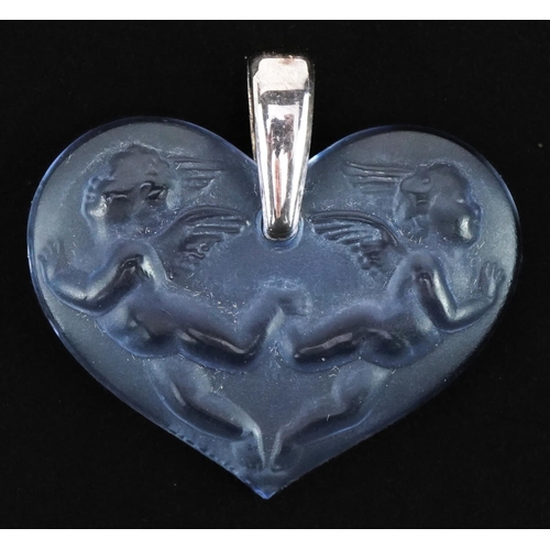 3178 - Lalique, French purple frosted love heart angel cherub pendant on necklace with cloth pouch and box,... 