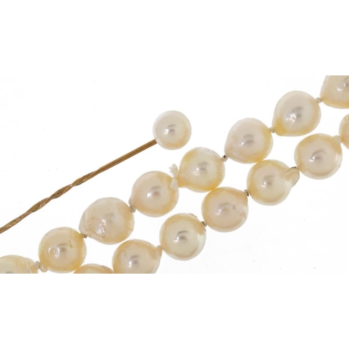 3543 - Single row Baroque pearl necklace and a cultured pearl stickpin housed in an Octee & Son case, the n... 