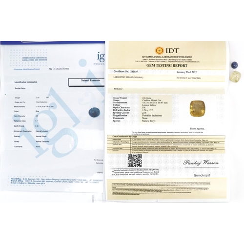 3571 - Two loose gemstones with certificates comprising heliodor and natural tanzanite