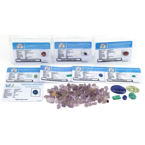 3559 - Loose natural gemstones, mostly with certificates, including emerald beryl, prehnite, lapis lazuli a... 