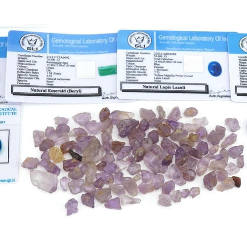 3559 - Loose natural gemstones, mostly with certificates, including emerald beryl, prehnite, lapis lazuli a... 