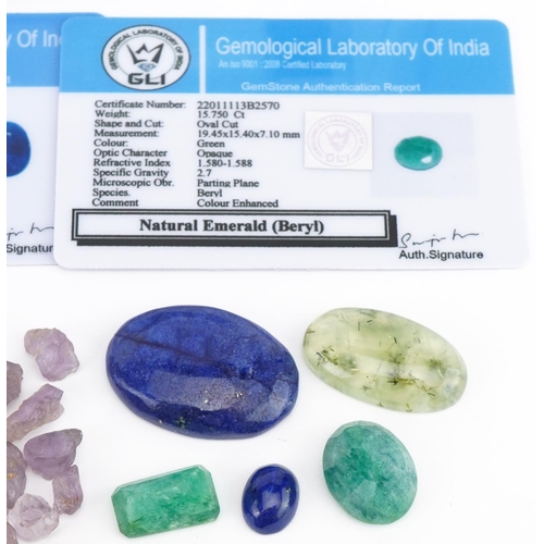 3559 - Loose natural gemstones, mostly with certificates, including emerald beryl, prehnite, lapis lazuli a... 