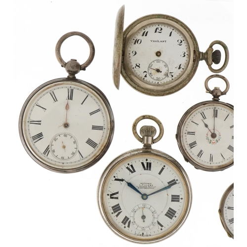 3453 - Five antique and later pocket watches, three silver and a silver watch chain with T bar, including J... 