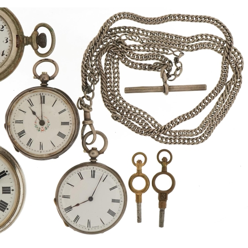 3453 - Five antique and later pocket watches, three silver and a silver watch chain with T bar, including J... 