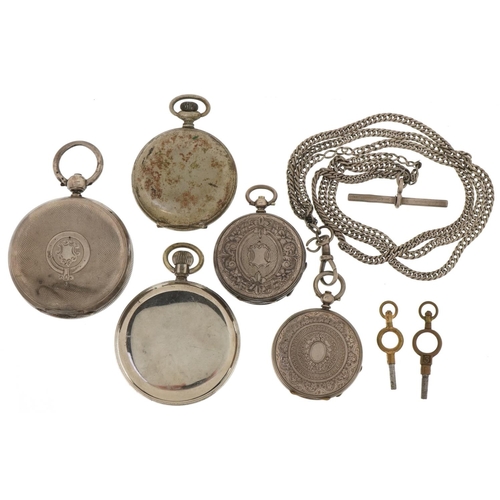 3453 - Five antique and later pocket watches, three silver and a silver watch chain with T bar, including J... 