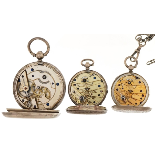 3453 - Five antique and later pocket watches, three silver and a silver watch chain with T bar, including J... 