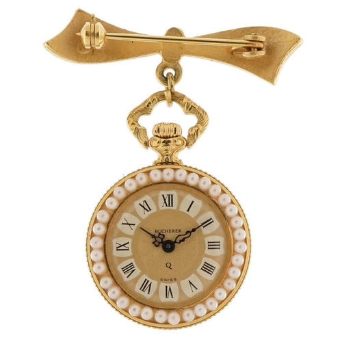 3744 - Bucherer, ladies simulated pearl and enamel fob watch with bow brooch clasp with box and Bucherer gu... 