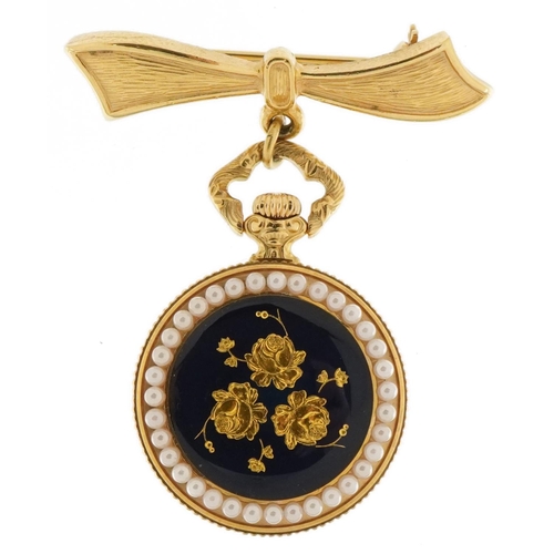 3744 - Bucherer, ladies simulated pearl and enamel fob watch with bow brooch clasp with box and Bucherer gu... 