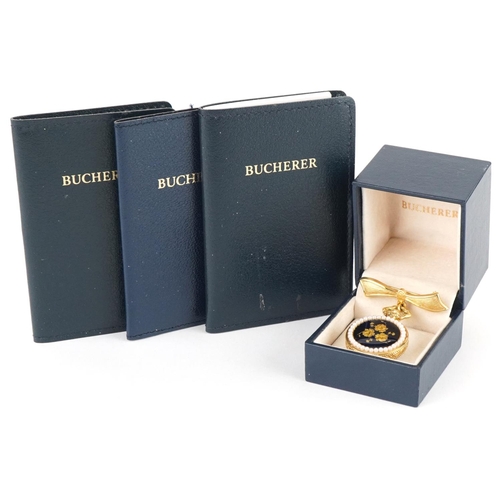 3744 - Bucherer, ladies simulated pearl and enamel fob watch with bow brooch clasp with box and Bucherer gu... 